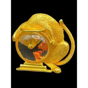 VTG Jonette Jewelry Brooch Cat Jelly Belly Fishbowl Two Goldfish Post 1970 1.75”